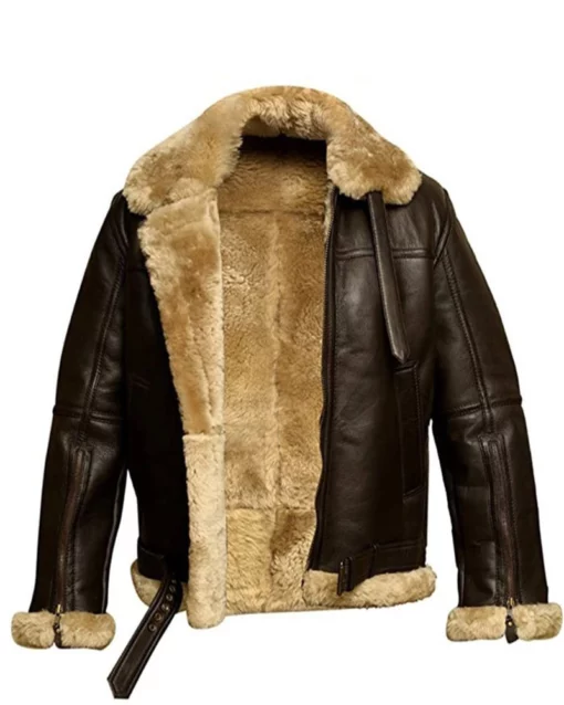 Men's Brown Shearling Lined Aviator Bomber Jacket - Premium Shearling Lining