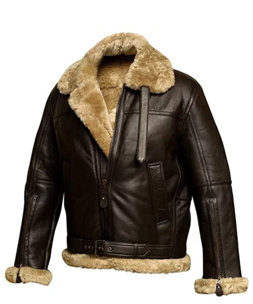 Men's Brown Shearling Lined Aviator Bomber Jacket - Premium Shearling Lining