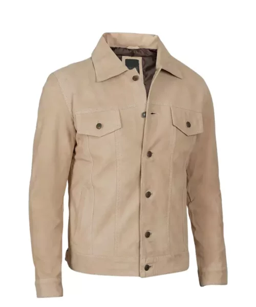 Men's Camel Color Suede Leather Trucker Jacket