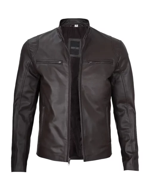 Men’s Dark Brown Cafe Racer Leather Jacket | Slim Fit