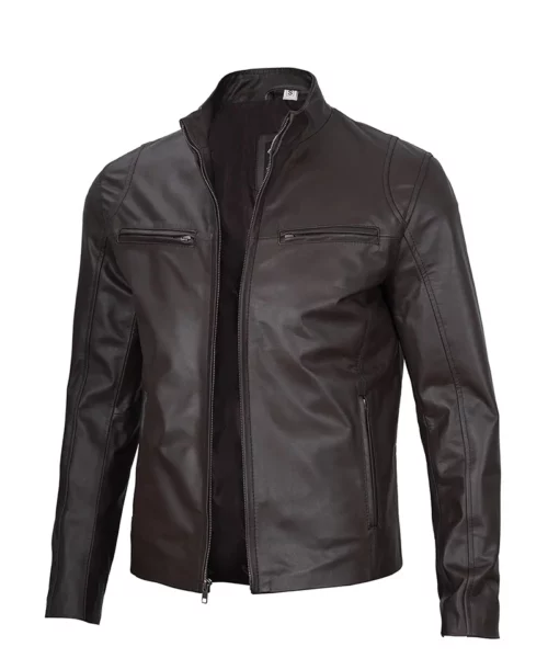 Men’s Dark Brown Cafe Racer Leather Jacket | Slim Fit