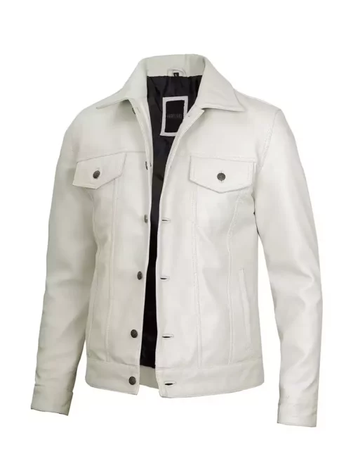 Men's Off White Leather Trucker Jacket