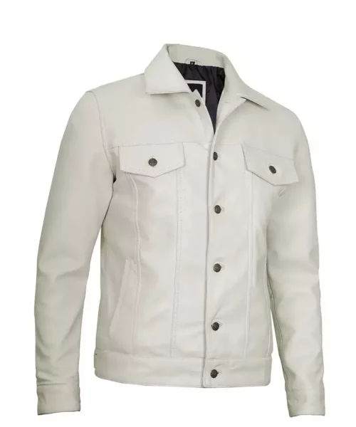 Men's Off White Leather Trucker Jacket