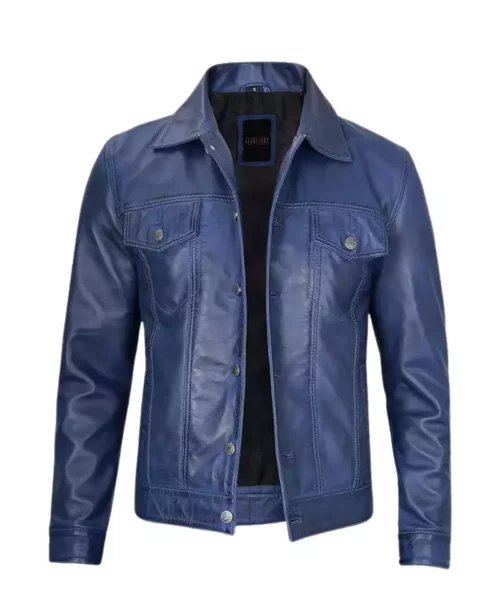 Men's Real Leather Blue Trucker Jacket