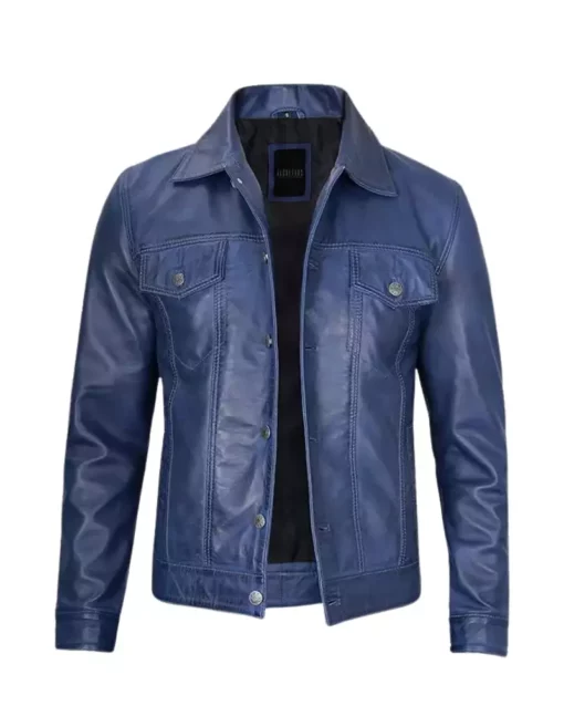 Men's Real Leather Blue Trucker Jacket