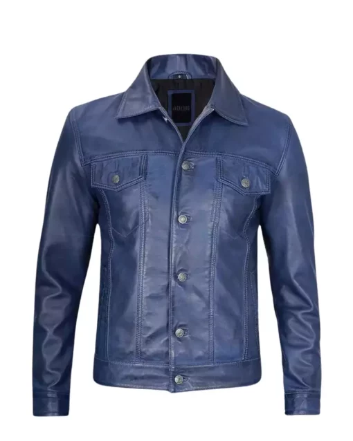 Men's Real Leather Blue Trucker Jacket