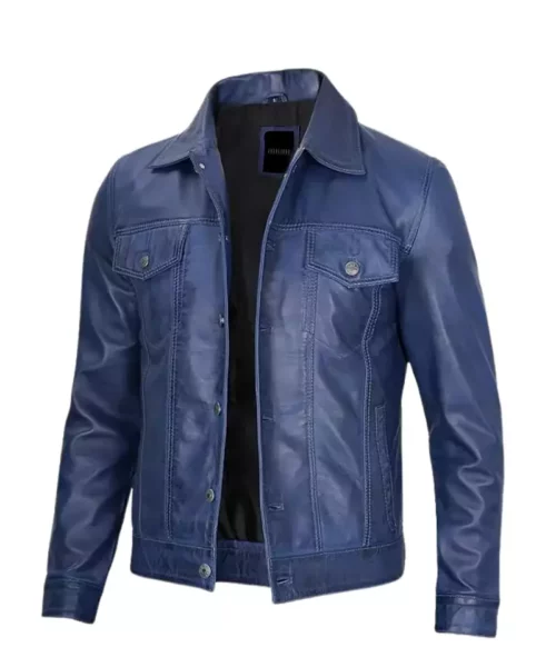 Men's Real Leather Blue Trucker Jacket