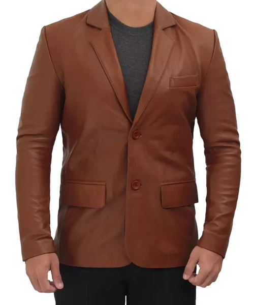 Mens Two Buttons Cognac Leather Blazer - Waxed