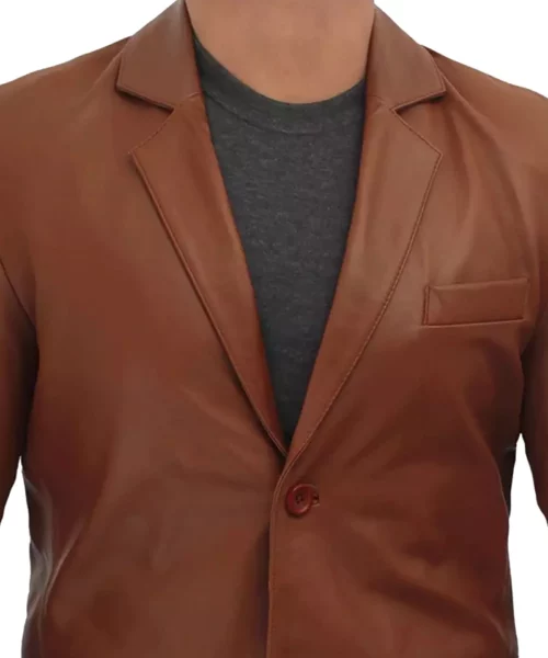 Mens Two Buttons Cognac Leather Blazer - Waxed