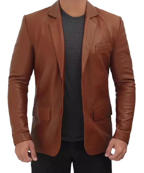 Mens Two Buttons Cognac Leather Blazer - Waxed