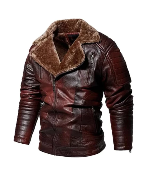 Motorcycle Shearling Leather Distressed Burgundy Jacket