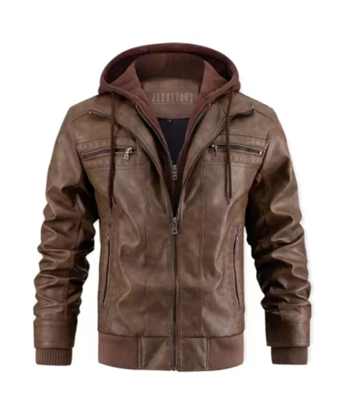PU Leather Brown Motorcycle Bomber Jacket with Removable Hood – Men