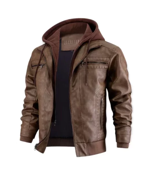 PU Leather Brown Motorcycle Bomber Jacket - Removable Hood