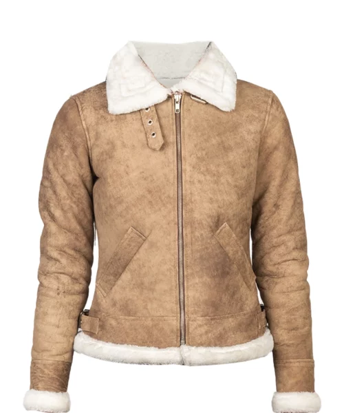 White Shearling B-3 Leather Bomber Distressed Beige Jacket
