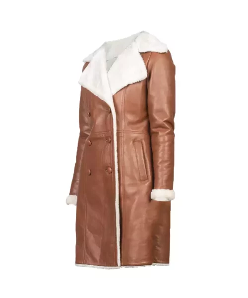 White Shearling Double Breasted Brown Leather Coat