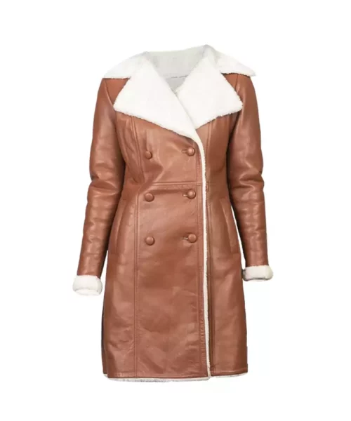 White Shearling Double Breasted Brown Leather Coat