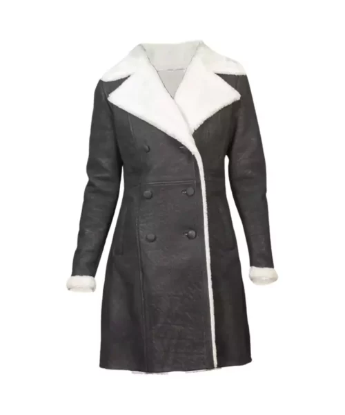 White Shearling Double Breasted Grey Leather Coat