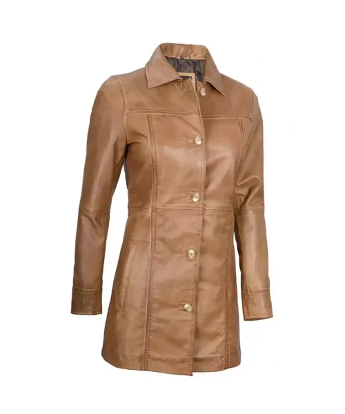 Women’s 3-4 Length Camel Brown Real Leather Coat