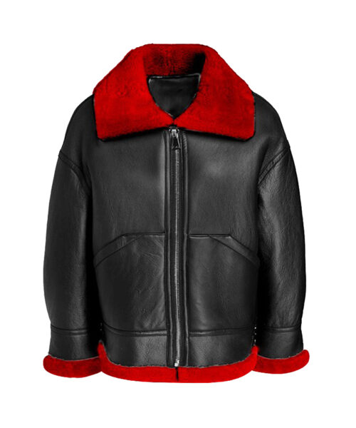 Women's Aviator Leather Jacket with Red Shearling