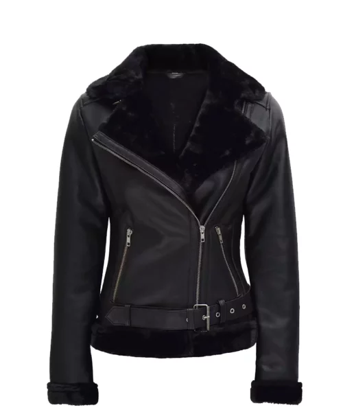 Women's Black Asymmetrical Shearling Leather Jacket