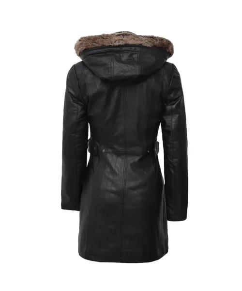 Women's Black Leather Long Coat With Shearling Hood (Removable)
