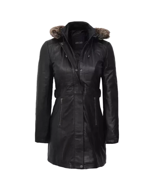 Women's Black Leather Long Coat With Shearling Hood (Removable)