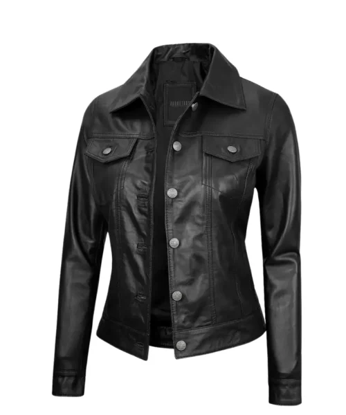 Women’s Black Leather Trucker Jacket