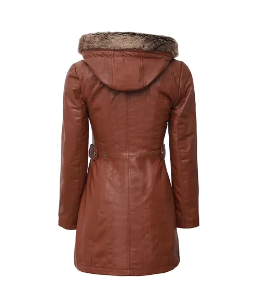 Women's Brown Leather Long Coat With Shearling Hood (Removable)