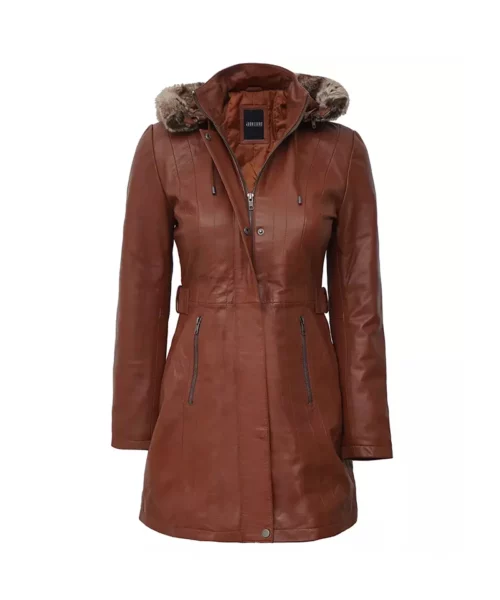 Women's Brown Leather Long Coat With Shearling Hood (Removable)