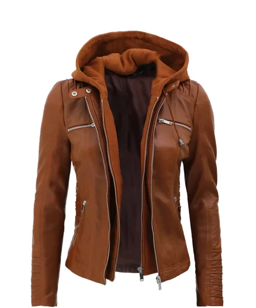 Womens Cafe Racer Brown Leather Hooded Jacket - Waxed