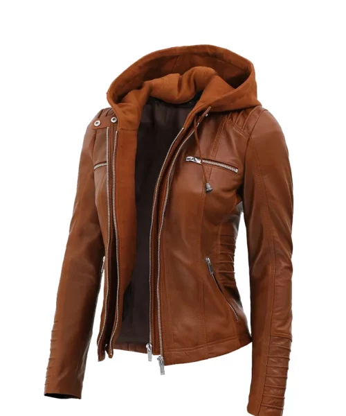 Womens Cafe Racer Brown Leather Hooded Jacket - Waxed