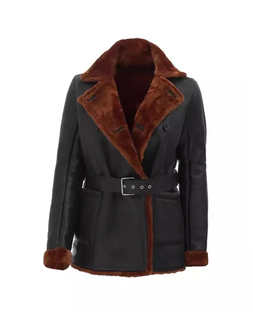 Women's Double Breasted Shearling Leather 3-4 Length Coat
