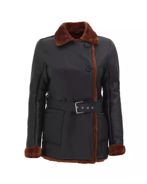 Women's Double Breasted Shearling Leather 3-4 Length Coat