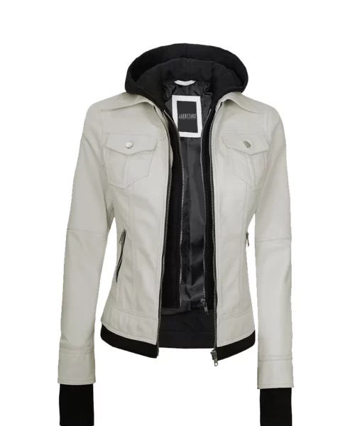 Women's Off White Bomber Leather Moto Jacket with Hood