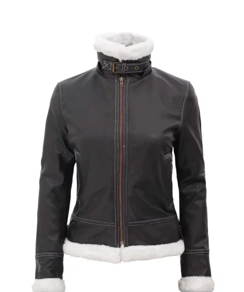 Women's Shearling Lined Leather Bomber Jacket With Hood - Brown Jacket with White Shearling