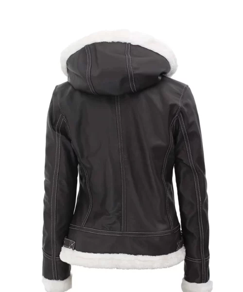 Women's Shearling Lined Leather Bomber Jacket With Hood - Brown Jacket with White Shearling