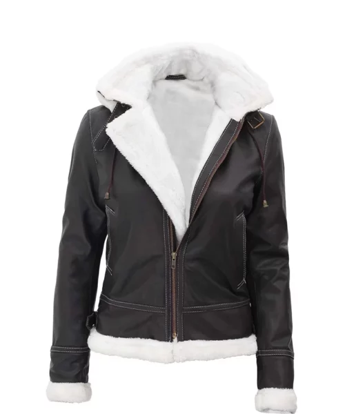Women's Shearling Lined Leather Bomber Jacket With Hood - Brown Jacket with White Shearling