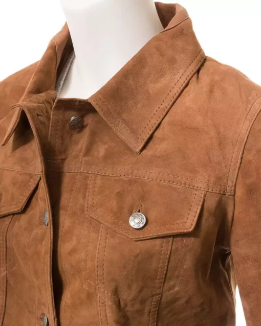 Women's Suede Leather Trucker Jacket - Camel Color