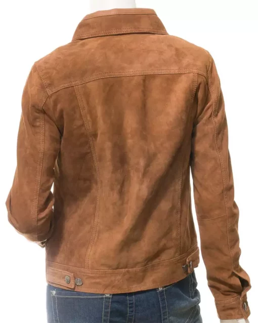 Women's Suede Leather Trucker Jacket - Camel Color