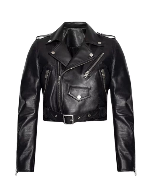 black cropped belted leather jacket