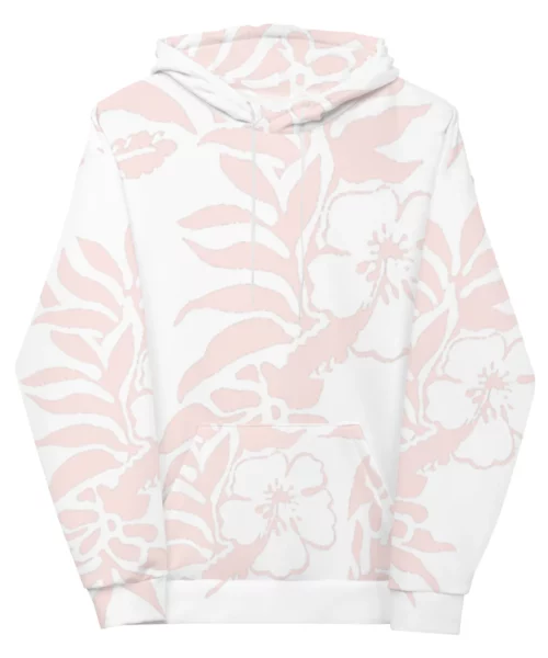 unisex light pink hibiscus printed hawaiian fleece hoodie