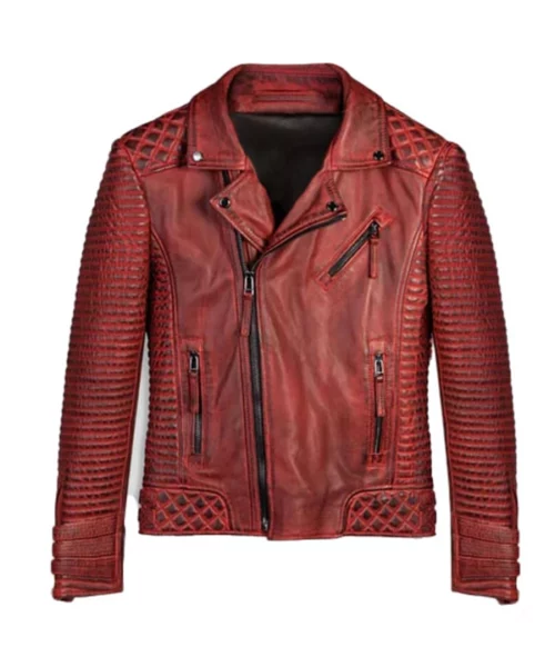 Men Red Waxed Biker Leather Motorcycle Jacket