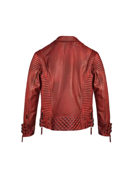 Men Red Waxed Biker Leather Motorcycle Jacket