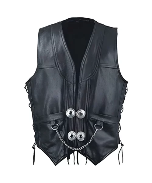 Motorcycle Bike Concho Chain Black Leather Vest
