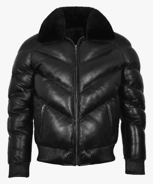 ACE Puffer Padded Fur Bomber Jacket Black