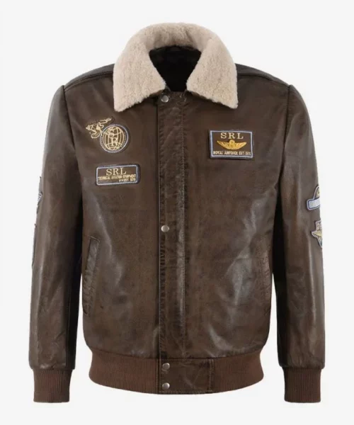 Aviator Shearling Fur Bomber Jacket Brown