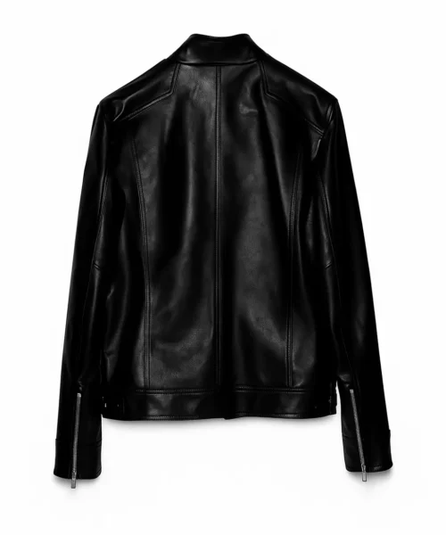 Band Collar Multiple Pockets Biker Leather Jacket