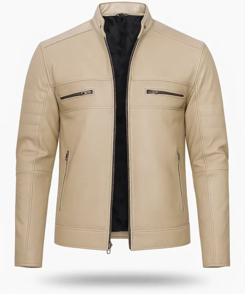 Beige Cafe Racer Leather Jacket