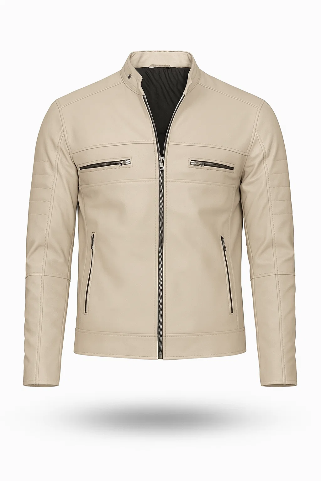 Beige Cafe Racer Leather Jacket