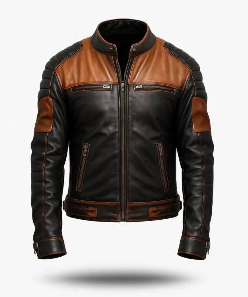 Biker Leather Jacket Quilted Black Tan Brown